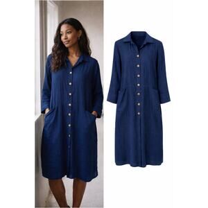 Bianco Levrin 100% Silk Blue Oversized Button-Front Shirt Dress Medium